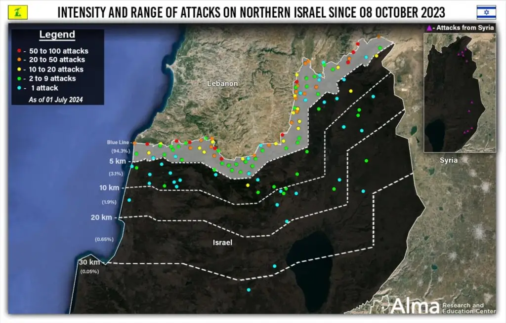 From the Alma Research and Education Center, Hezbollah attacks on Israel since October 8th (counted by attack, not number of munitions fired, which is higher)